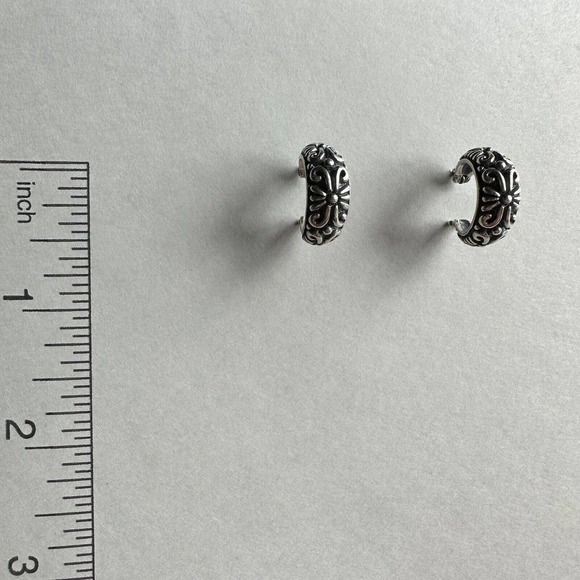 Vintage 925 Sterling Silver Earrings Hoop Floral Ornament Filigree - Picture 3 of 5